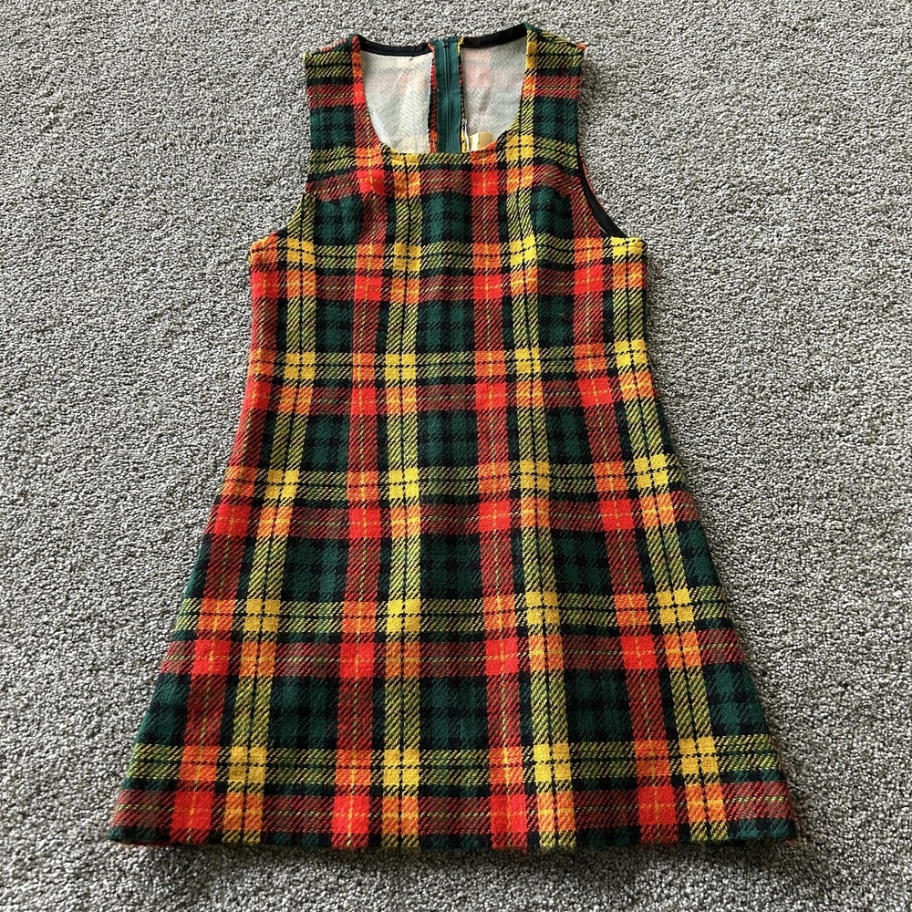 Vintage Tartan Plaid Dress XS Red Green Sleeveless A-Line Lined Knee
